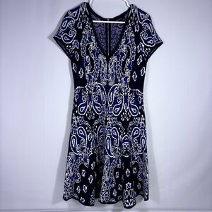 Etcetera Navy & White V-neck Short Sleeve Paisley Sweater Dress Size Medium